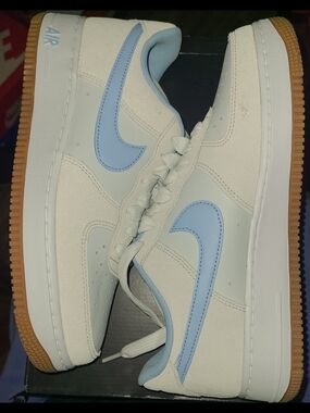 Nike Air Force 1s Men’s Sneakers White and Light Blue with Gum Sole
